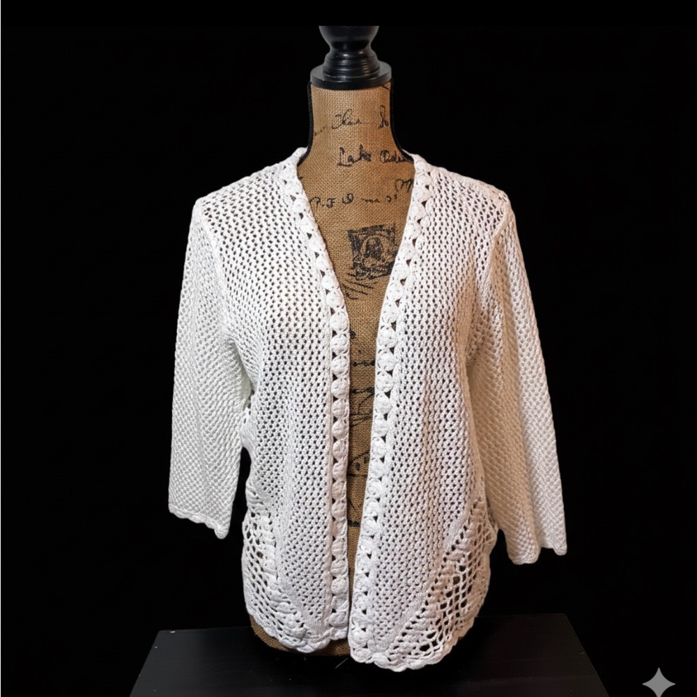 White Cotton Crochet Lace Knit Cardigan Sweater M Open front Coastal